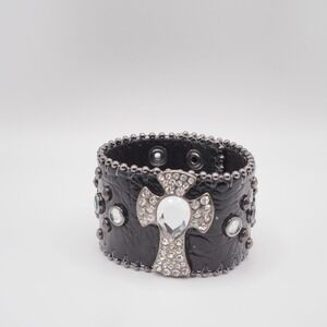 Genuine Leather Bracelet Textured Black Rhinestone Cross Cuff Studded Chunky
